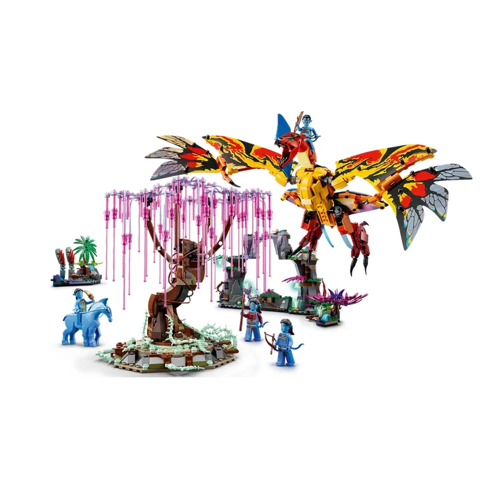 LEGO® Avatar Toruk Makto & Tree of Souls set, featuring posable Toruk with colorful wings, minifigures of Jake Sully, Neytiri, Mo’at, and Tsu’Tey, surrounded by vibrant trees and landscapes inspired by Pandora.