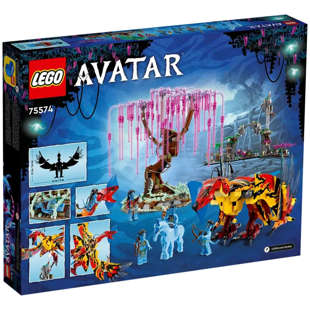 LEGO Avatar Toruk Makto & Tree of Souls set showcasing colorful landscapes, detailed minifigures, and iconic figures on a vibrant blue background.