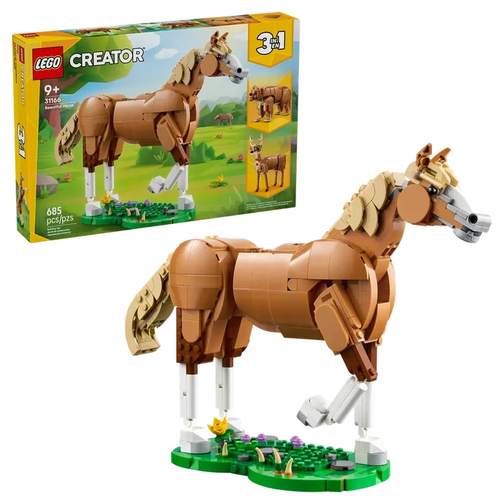 LEGO Creator Beautiful Horse (31166) set showcasing a posable brown horse figure on a grass base with colorful flowers, alongside the product box.