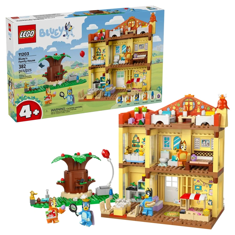 LEGO Bluey's Family House set featuring a colorful two-story playhouse with modular rooms, playful accessories, and four minifigures: Bluey, Bingo, Chilli, and Bandit.