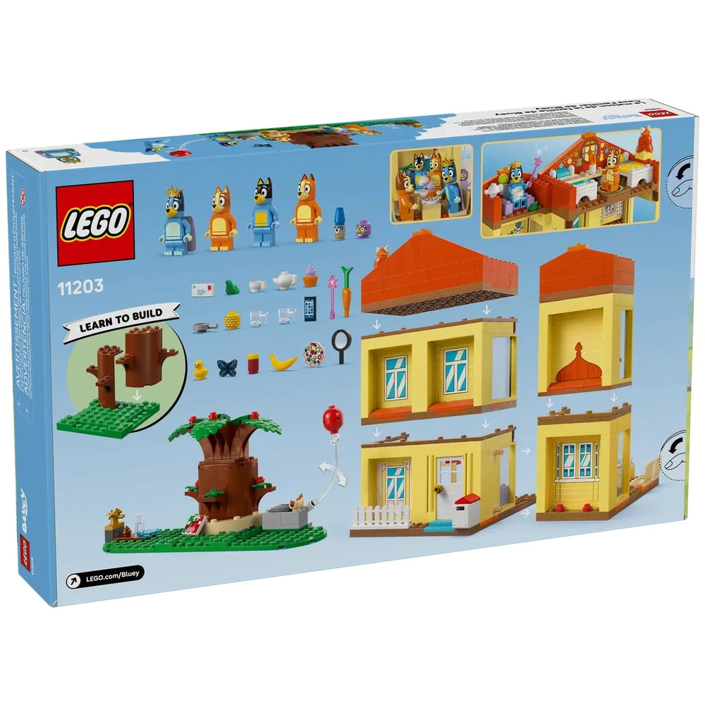 Colorful LEGO Bluey’s Family House playset box showing modular building parts, four character minifigures, and various accessories.