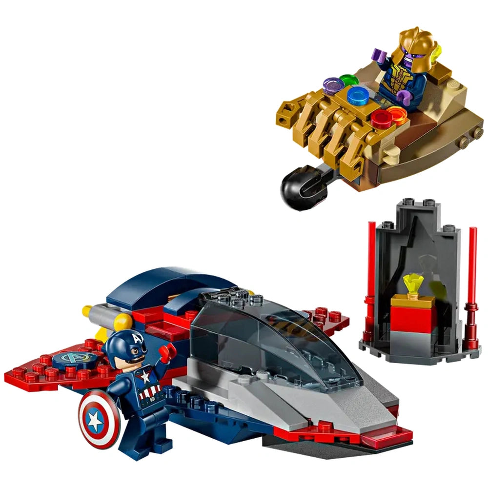LEGO Captain America minifigure stands beside a detailed Quinjet in red and blue, while Thanos sits in his gold spaceship above, featuring colorful Infinity Stones.