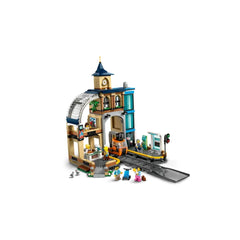 LEGO Central Train Station set featuring a three-level train station, colorful building elements, and mini-figures interacting at a busy platform.