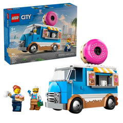 LEGO City Donut Truck construction set featuring a vibrant blue truck with a pink donut on top. Two mini-figures, one with donuts and the other serving drinks, are positioned alongside. The box displays the truck in a playful urban setting.