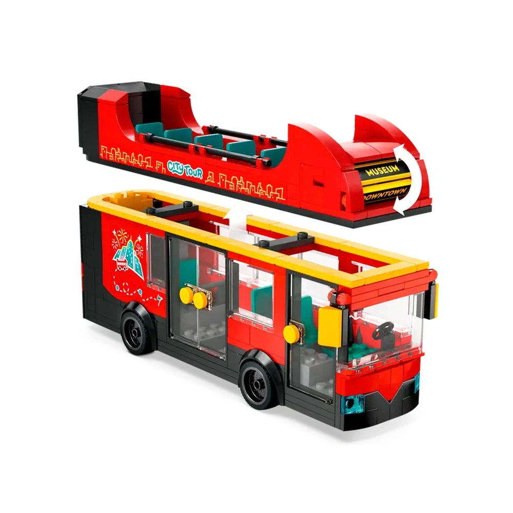 Bright red LEGO® City Double-Decker Sightseeing Bus set, featuring a removable top deck, colorful seating, and detailed design elements for imaginative play.
