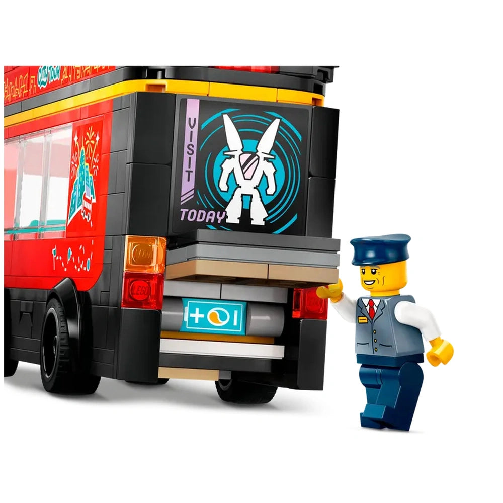 LEGO City Double-Decker Sightseeing Bus in vibrant red, featuring a bus driver minifigure beside the rear door and a colorful destination sign.