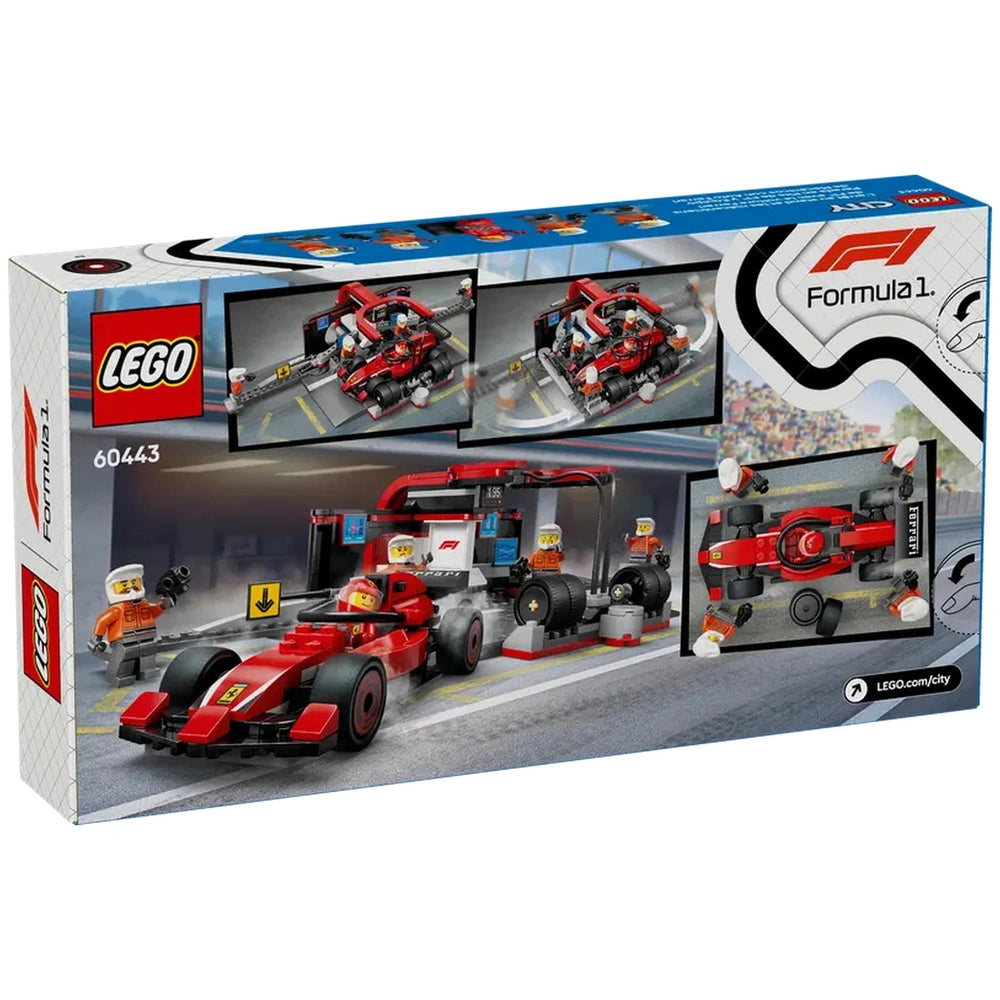 LEGO City F1 Pit Stop set featuring a red Ferrari race car, four pit crew minifigures, and a pit stop backdrop with racing details.