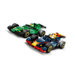 Two LEGO F1 race cars, one green and black with a driver, and one blue, red, and yellow, with a driver, positioned side by side.