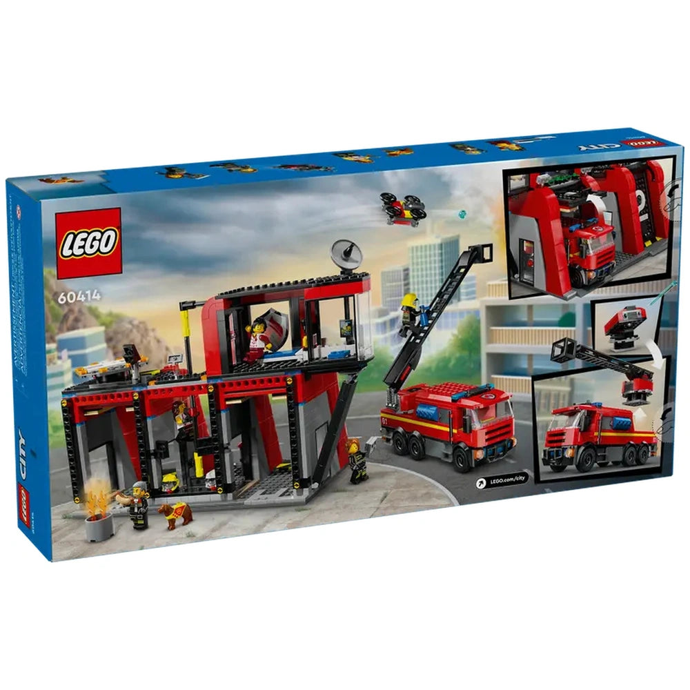 LEGO City Fire Station set featuring a modern fire station with a red fire truck, firefighter minifigures, and a toy drone in a city backdrop.