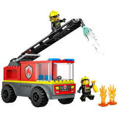 LEGO City Fire Ladder Truck features a red fire truck with a movable ladder, one firefighter on top, and a second holding a toy extinguisher next to flickering flames.