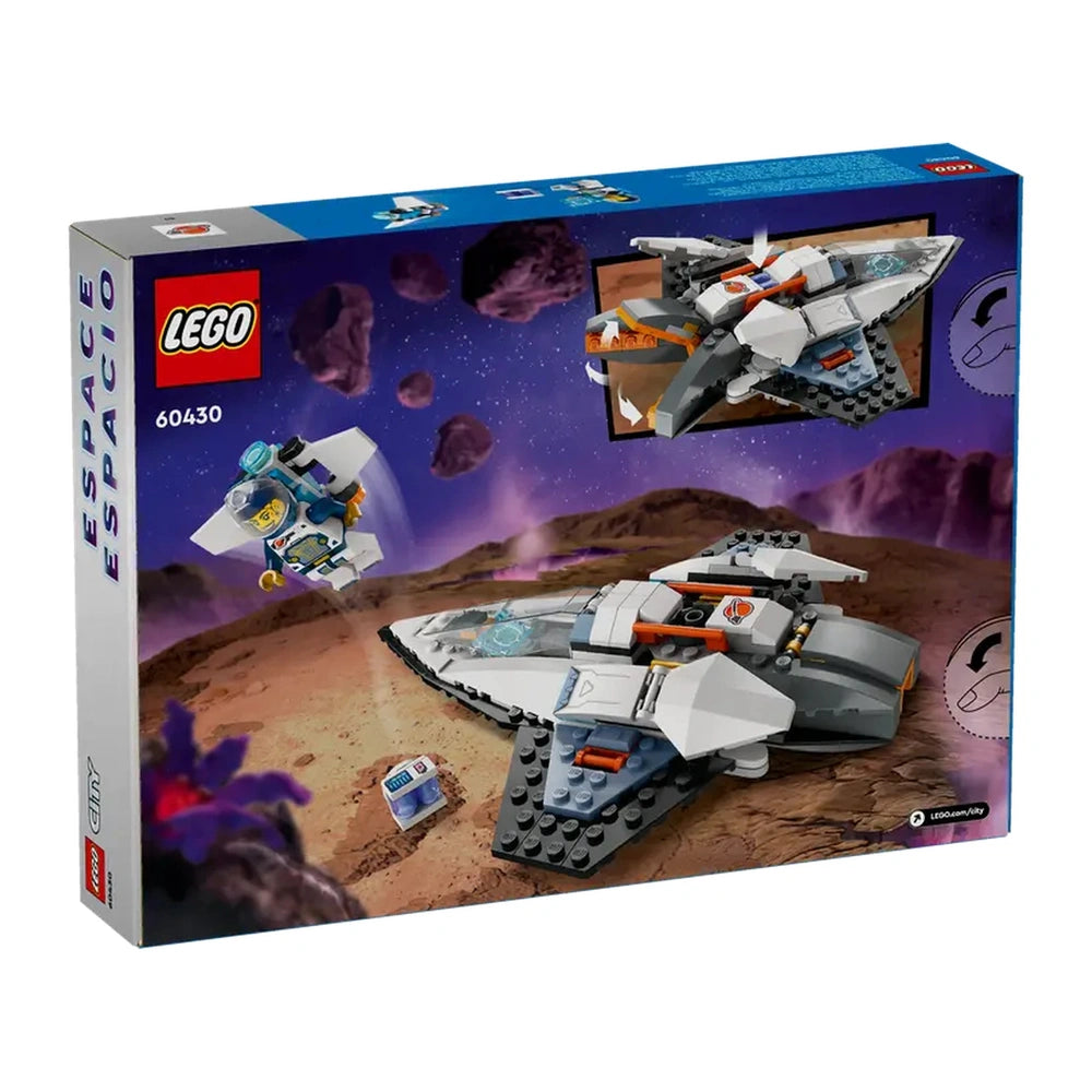 LEGO® City Interstellar Spaceship set featuring a sleek single-seat spacecraft on a space-themed background, with a minifigure astronaut and drone bot.