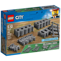 LEGO® City Tracks Construction Set 60205 featuring 20 pieces, including 8 straight, 4 curved, and 8 flexible tracks, arranged on a green grass background.