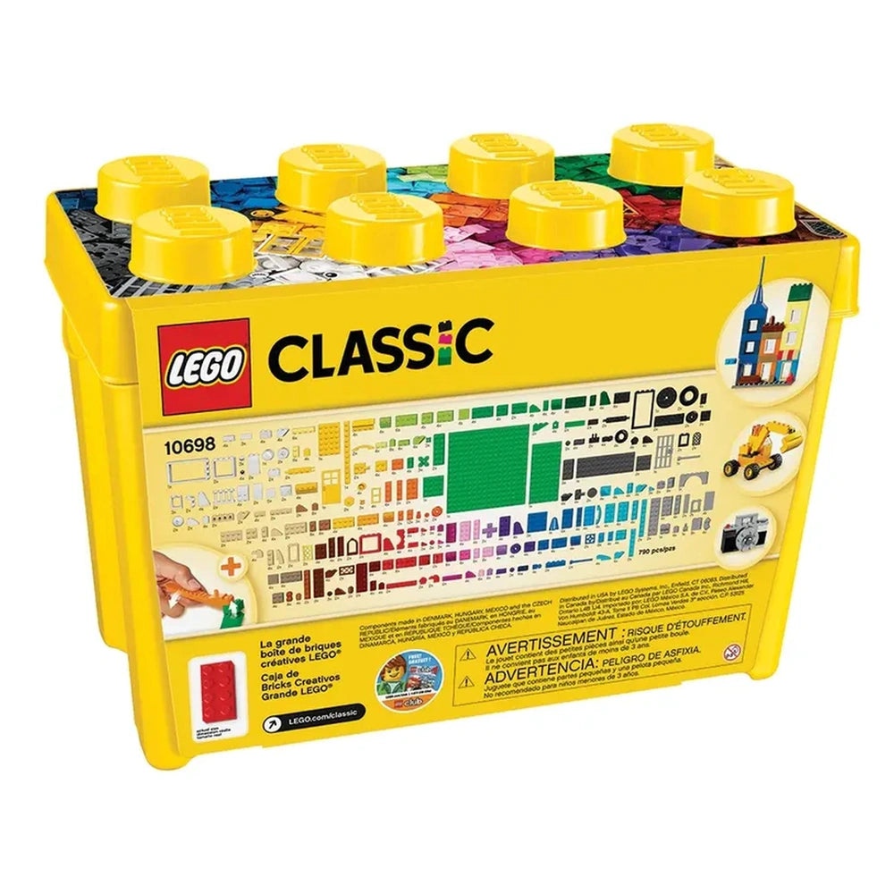 LEGO Classic Large Creative Brick Box featuring a vibrant yellow container with colorful building brick graphics and a variety of included pieces.