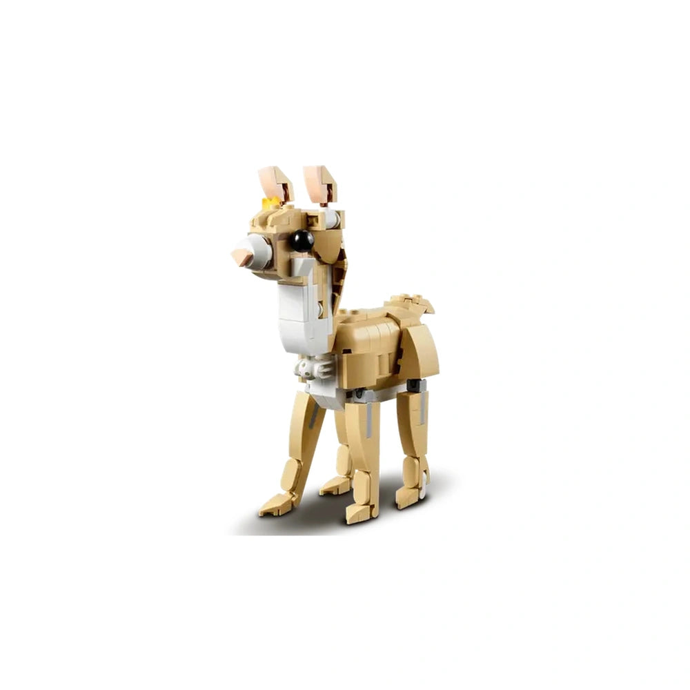Posable LEGO® Creator Cute Bunny figure with a beige and white design, featuring large eyes, standing proudly on four legs.