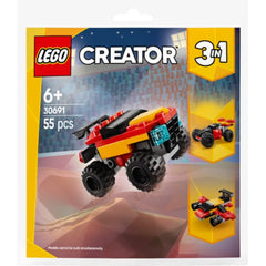 LEGO Creator Mini Convertible Monster Truck construction set, featuring vibrant red, yellow, and black colors, with large wheels and showcasing three build options.