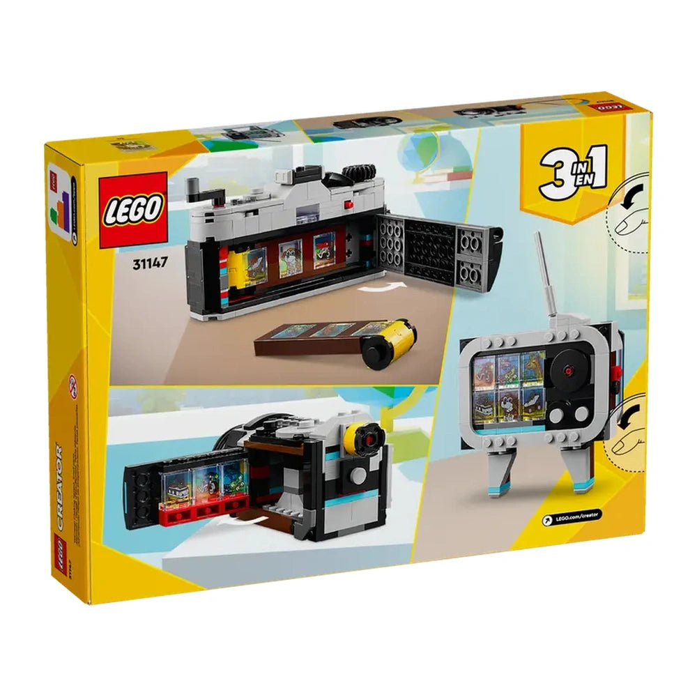 LEGO® Creator Retro Camera set (31147) in a colorful box showcases three builds: a classic camera, a video camera, and a vintage TV, with vibrant stickers.