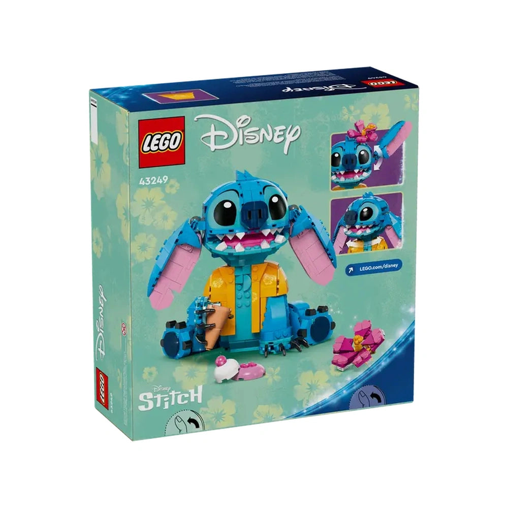 LEGO® Disney Stitch construction set in a colorful box, featuring a blue Stitch model with movable ears, wearing a yellow shirt and holding an ice-cream cone, set against a floral background.