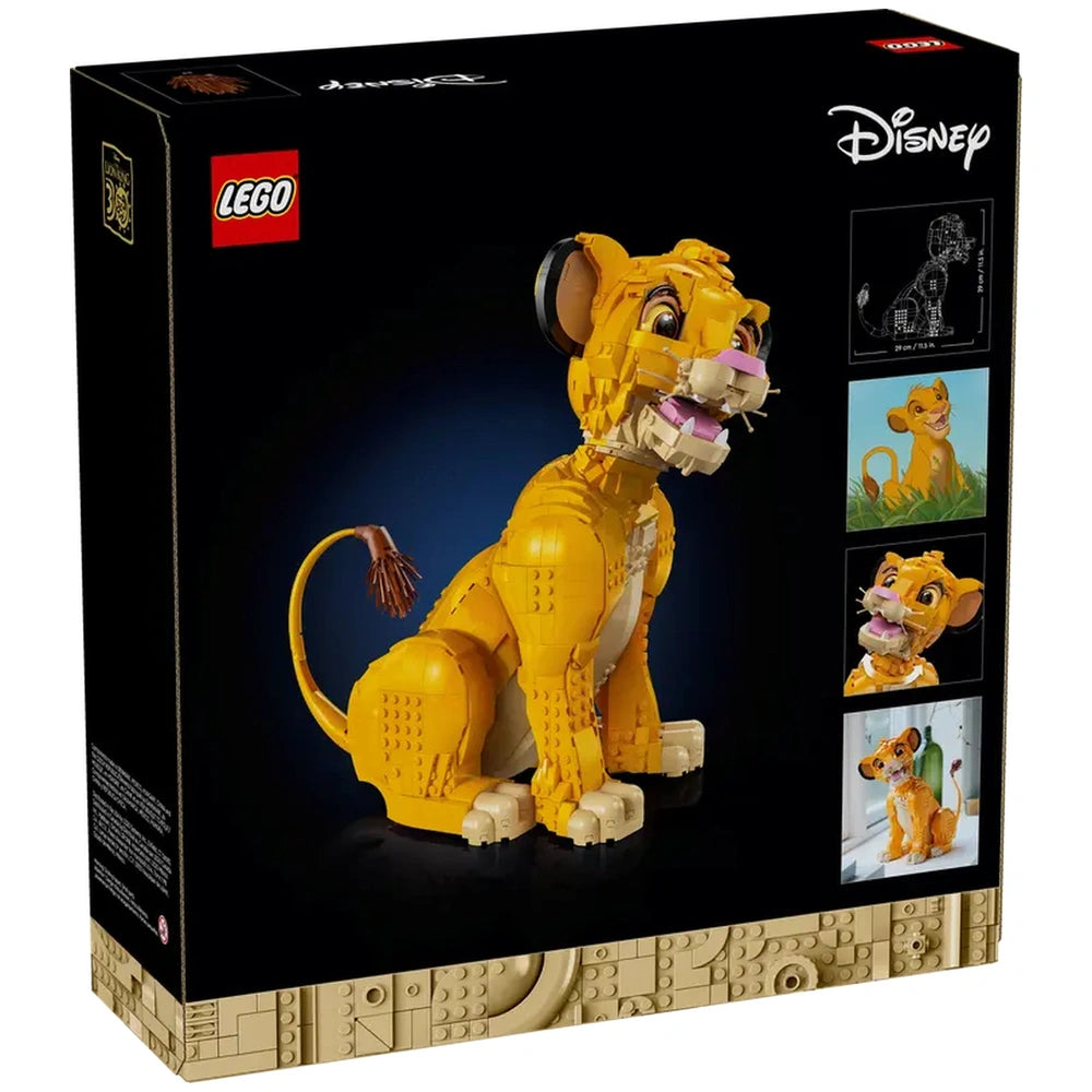 LEGO Disney Young Simba construction set featuring a detailed golden lion figure with movable head, displayed against a dark background.