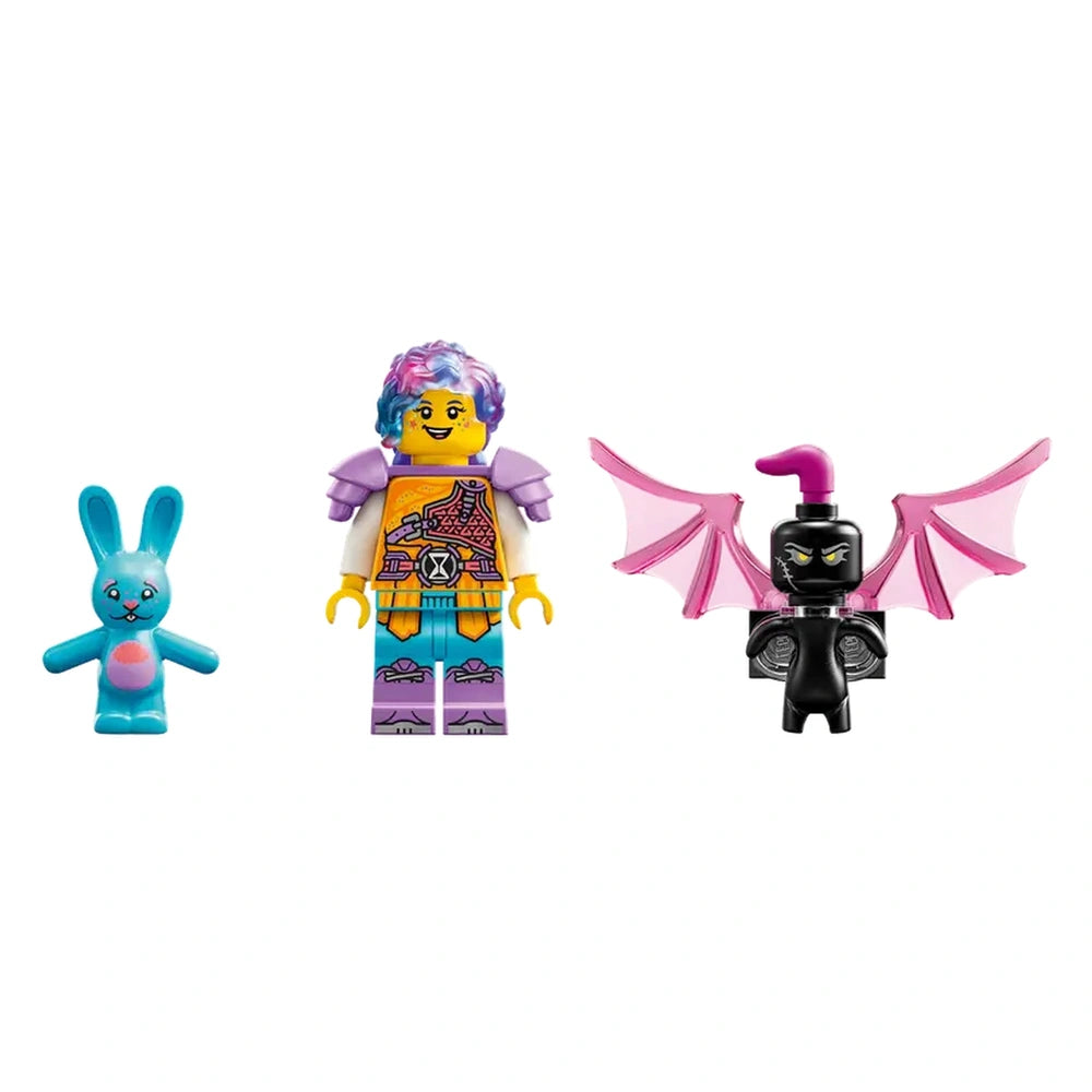 LEGO® DREAMZzz™ set featuring a colorful character figure with purple armor, a playful blue bunny, and a black villain figure with pink bat wings.
