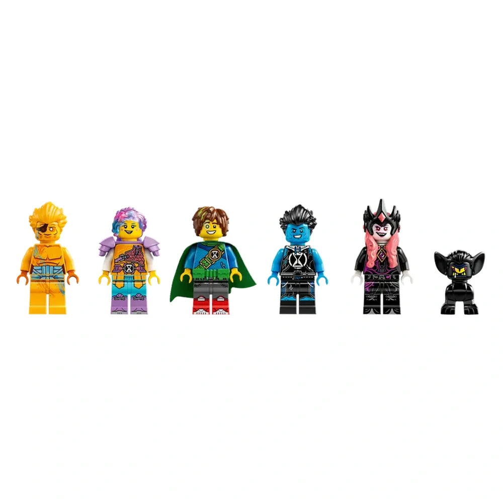 Six colorful LEGO® figures from the DREAMZzz™ series line up. They include a superhero with a yellow cape, a princess with pink hair, a blue villain with dark attire, and a menacing black creature. Each character features unique outfits, expressions, and accessories that reflect their imaginative roles.