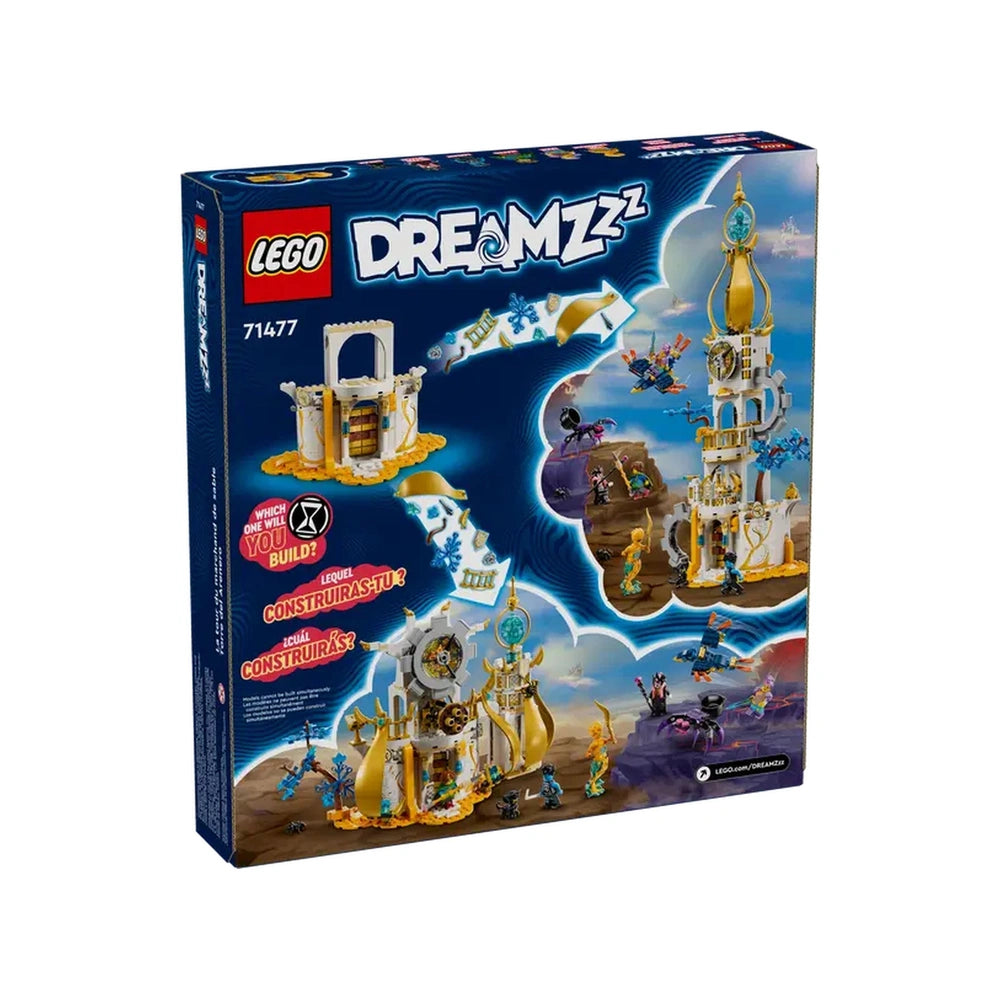 LEGO® DREAMZzz™ The Sandman's Tower set packaging showcasing a two-in-one design featuring an imposing fortress and an elegant tower. Colorful characters and elements float around a dreamlike background, inviting imaginative play.