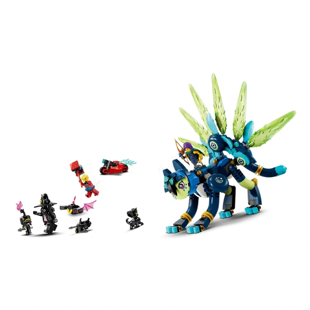 LEGO® DREAMZzz™ construction set featuring Zoey and Zian the Cat-Owl, with dynamic green wings, surrounded by colorful characters and vehicles.