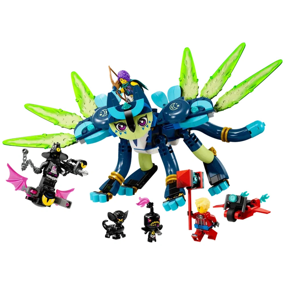 LEGO® DREAMZzz™ Zoey and Zian set featuring Zian as a colorful Cat-Owl with wings, surrounded by characters, including a black Cat-Peacock and a hero with a flag.