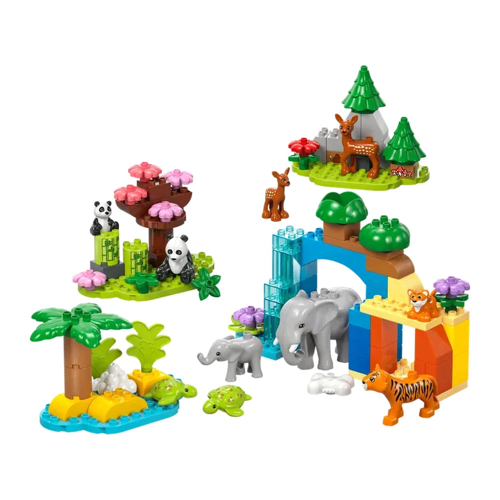 LEGO® DUPLO® 3in1 Wild Animal Families set featuring colorful animal figures including a panda, elephant, and tiger amidst vibrant, scenic habitats with trees and flowers.