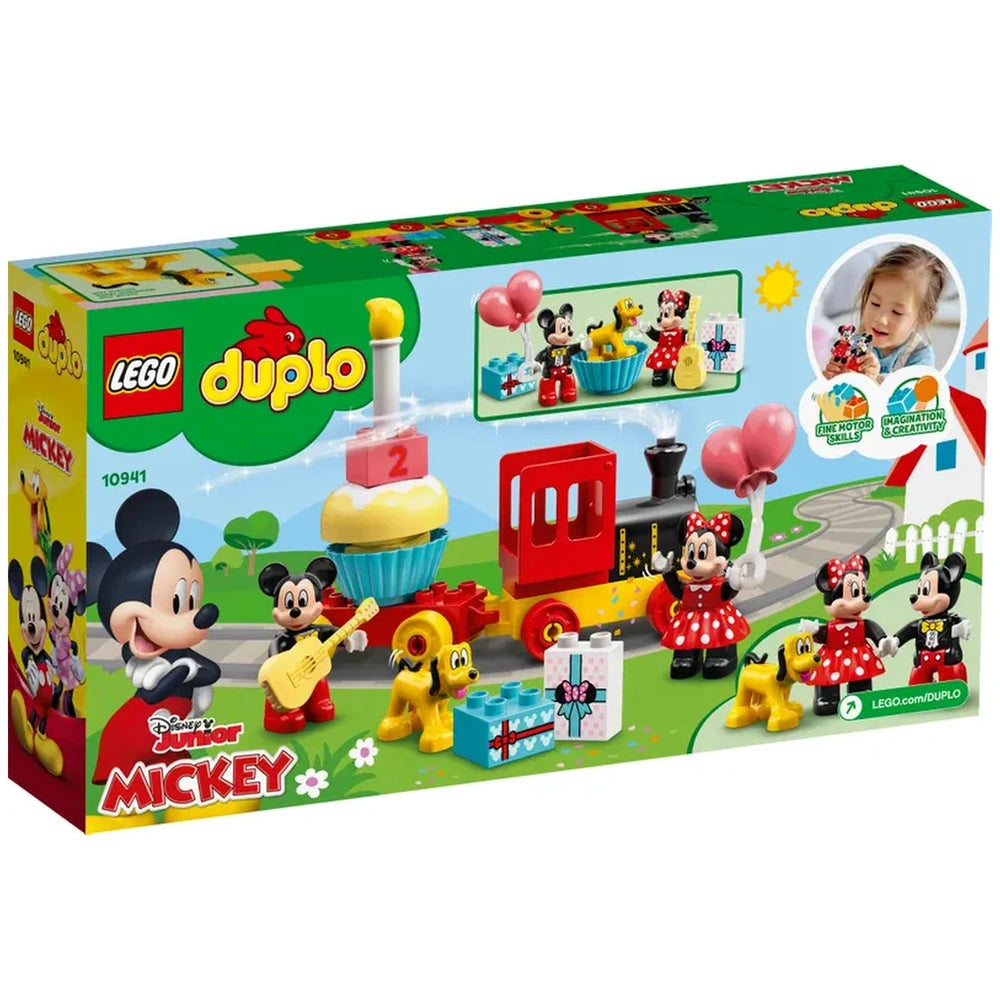 Colorful LEGO® DUPLO® box featuring Mickey Mouse, Minnie Mouse, and Pluto with a birthday train, cupcake, and playful accessories.