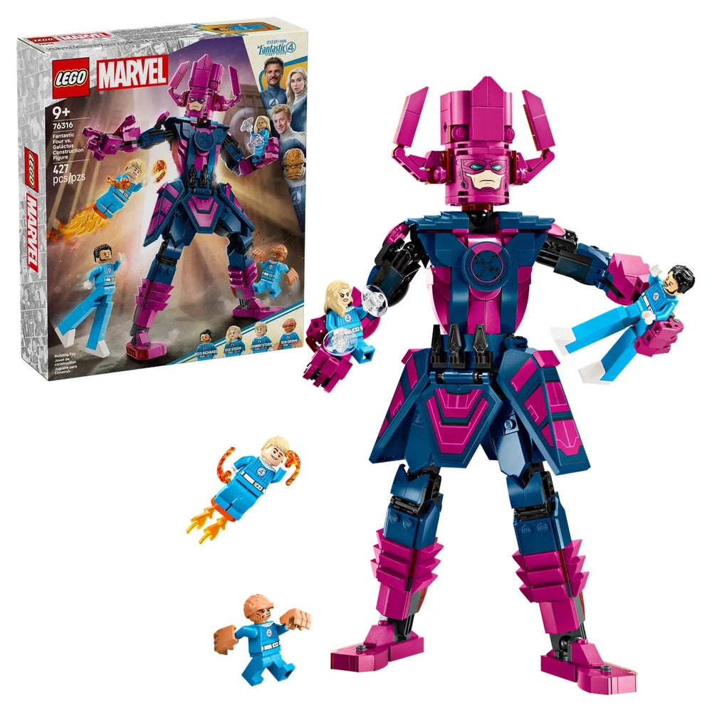 Fantastic Four VS Galactus construction set featuring a large Galactus figure in pink and purple, surrounded by four minifigures: Mr. Fantastic, Human Torch, Invisible Woman, and The Thing. The set includes dynamic elements like flame effects and force shields, with the colorful box in the background showcasing the characters and age recommendation of 9+.