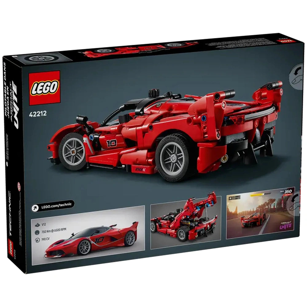 LEGO® Ferrari FXX K Technic construction set box showcasing a vibrant red model car with intricate detailing, featuring butterfly doors and racing wheels.