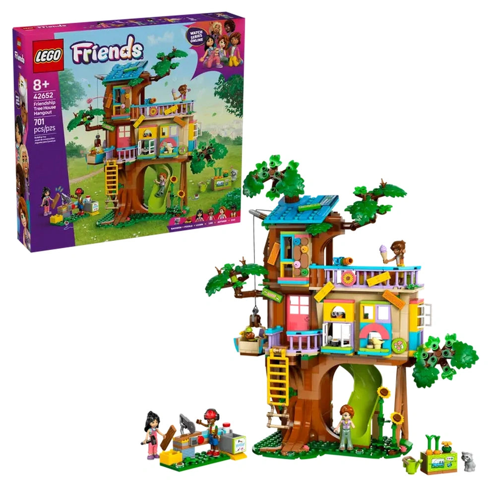 LEGO Friends Friendship Tree House Hangout set featuring a colorful three-level tree house, a ladder, and playful miniature figures.