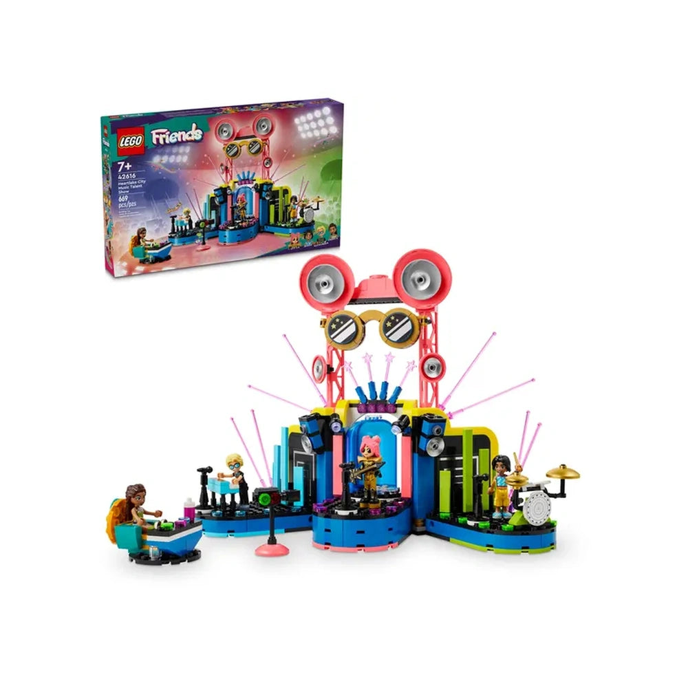 Colorful LEGO Friends Heartlake City Music Talent Show set, featuring a vibrant music stage with mini-dolls playing instruments, studio lights, and a backdrop of sound equipment.