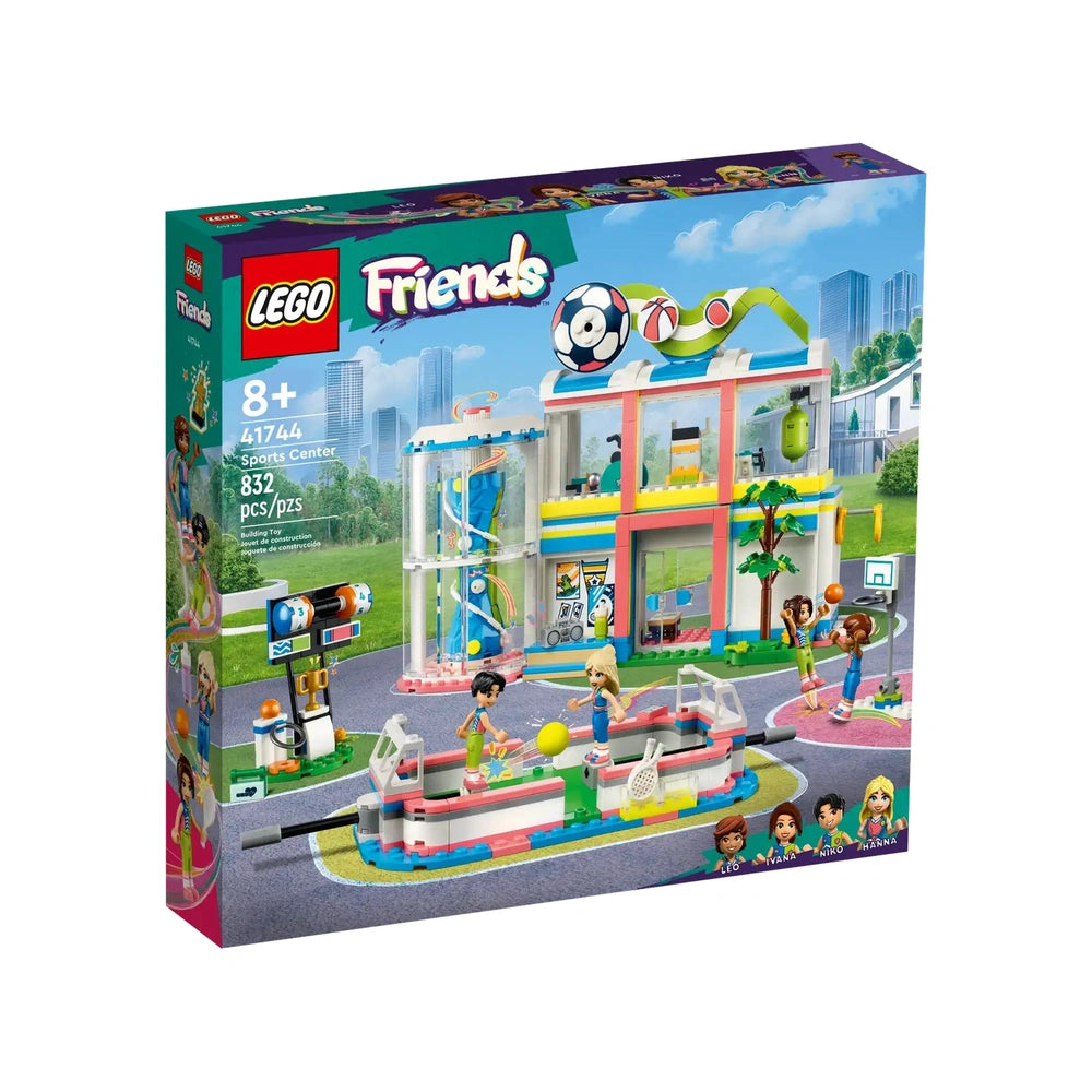 Colorful LEGO® Friends Sports Center set featuring a modern building, sports mini-dolls, and various sports equipment.