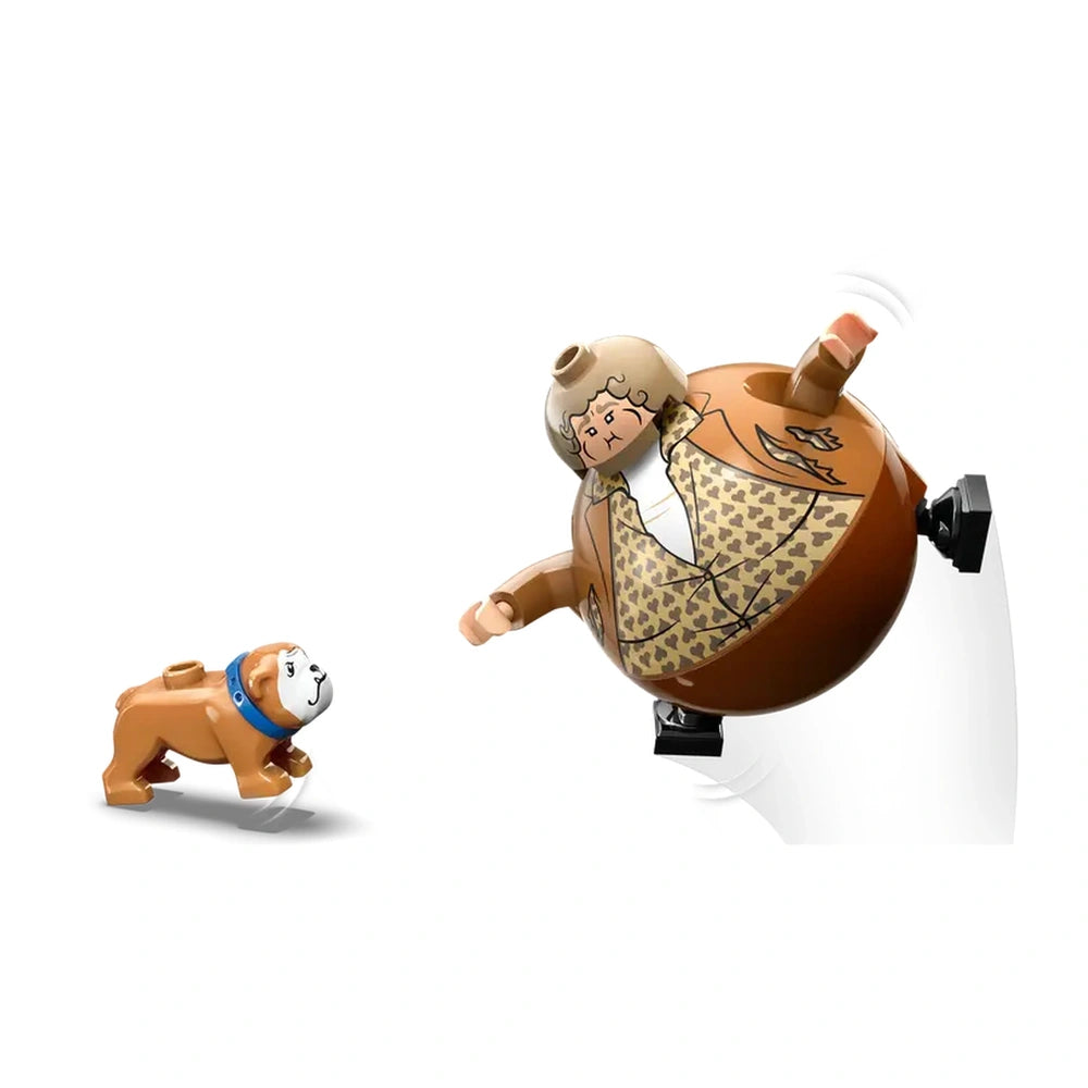 A LEGO character resembling Aunt Marge in a patterned coat leans forward, while a small brown dog with a blue collar approaches curiously.