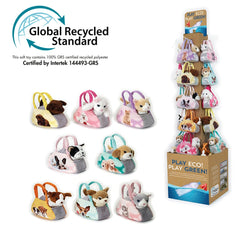 Lelly 17 cm eco-friendly plush pet toys arranged in a pyramid, featuring various animal designs with handles for easy carryin