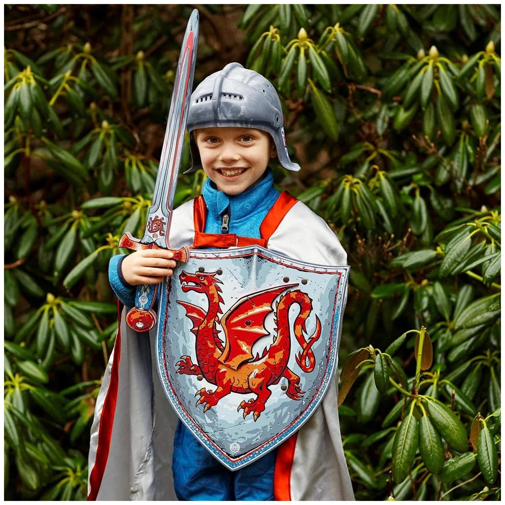 Amber Dragon Sword showcased by a child in a shiny silver and red costume, holding a sword and shield with dragon emblems.