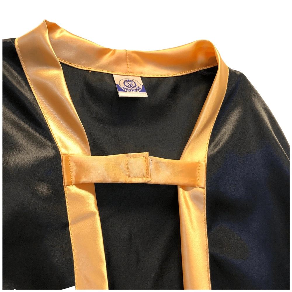 Liontouch King Cape in shiny black fabric with gold trim, high collar, button closure, belted waist, and long fitted sleeves.