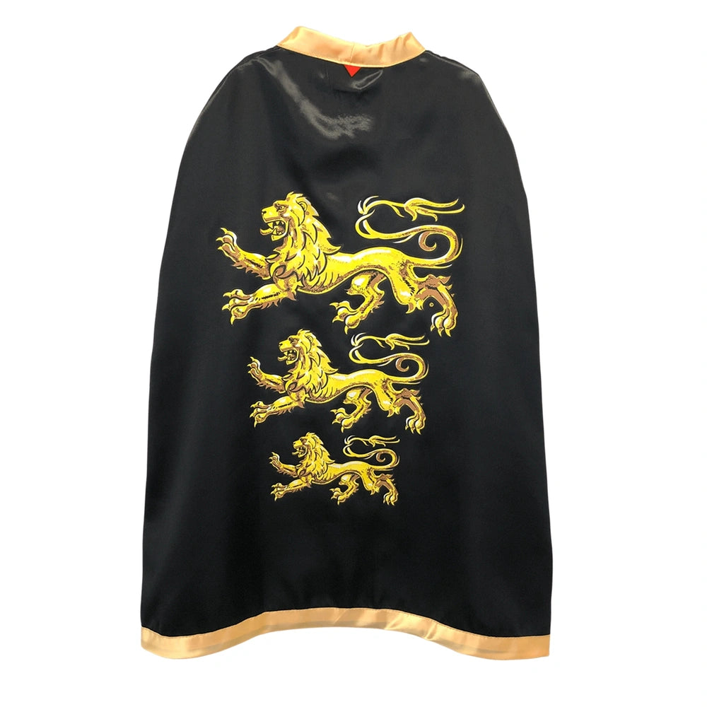 Black glossy King Cape with yellow lion emblem on chest, featuring collar, hood, front opening, and waist belt.