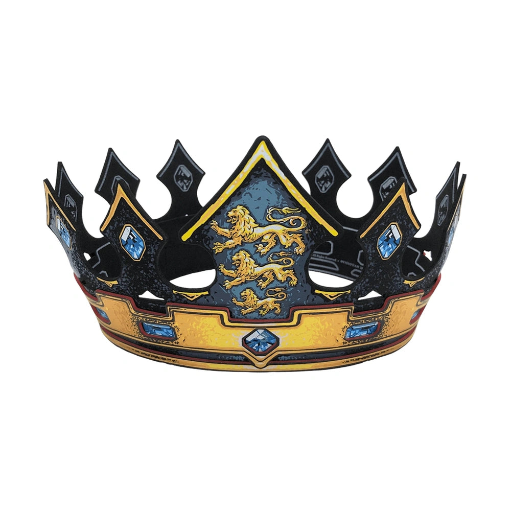 Liontouch King Crown in glossy yellow with blue and black designs, featuring a central blue gemstone and four smaller gems.