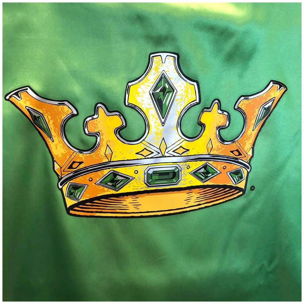 Liontouch Kingmaker Cape with a glossy yellow crown featuring a green gemstone and adjustable band, ideal for role playing.