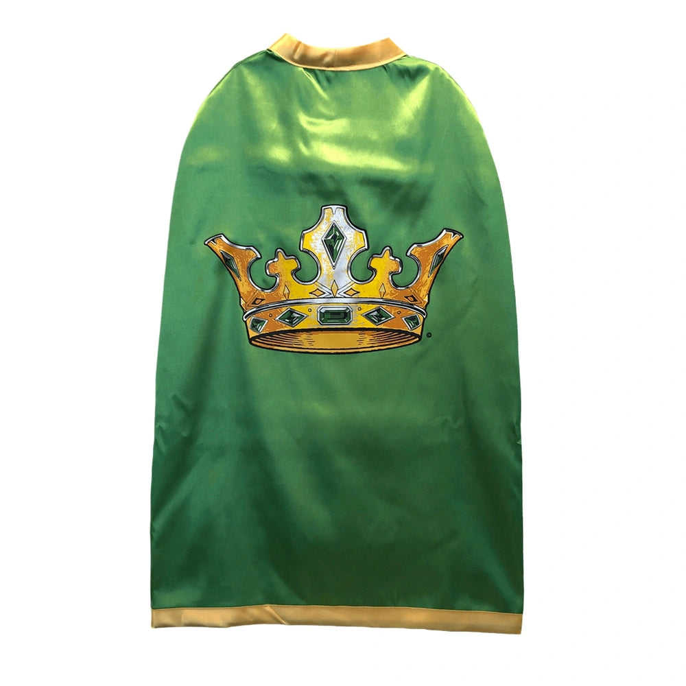 Liontouch Kingmaker Cape made of smooth, glossy fabric with a central crown graphic on a solid green background.