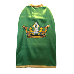 Liontouch Kingmaker Cape made of smooth, glossy fabric with a central crown graphic on a solid green background.