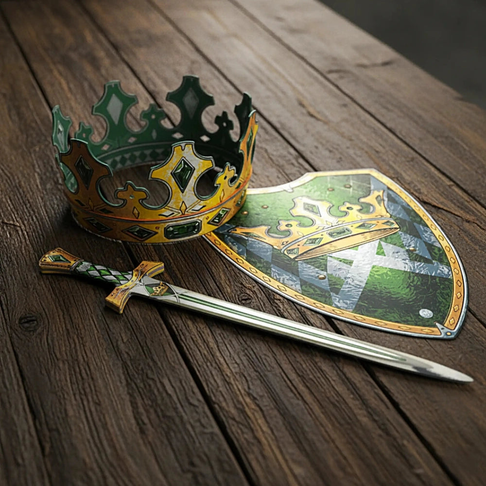 Kingmaker crown in green and gold with a shiny metallic finish, accompanied by a silver sword and glossy shield.