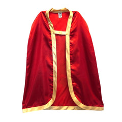 Red Liontouch Knight Cape featuring a shiny fabric, hood, gold trim, and zipper closure, perfect for role-playing.