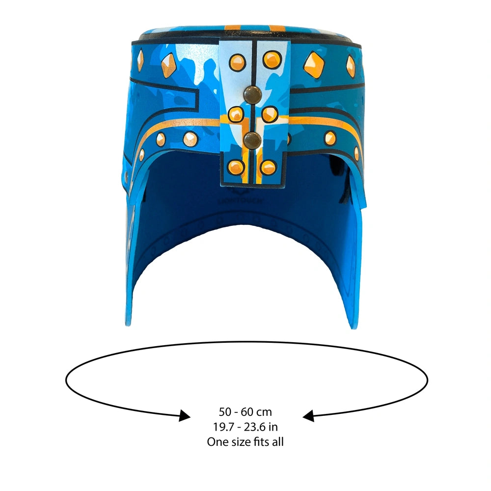 Blue Liontouch Knight Helmet with glossy plastic, metallic sheen, and buckle closure, featuring four circular elements.