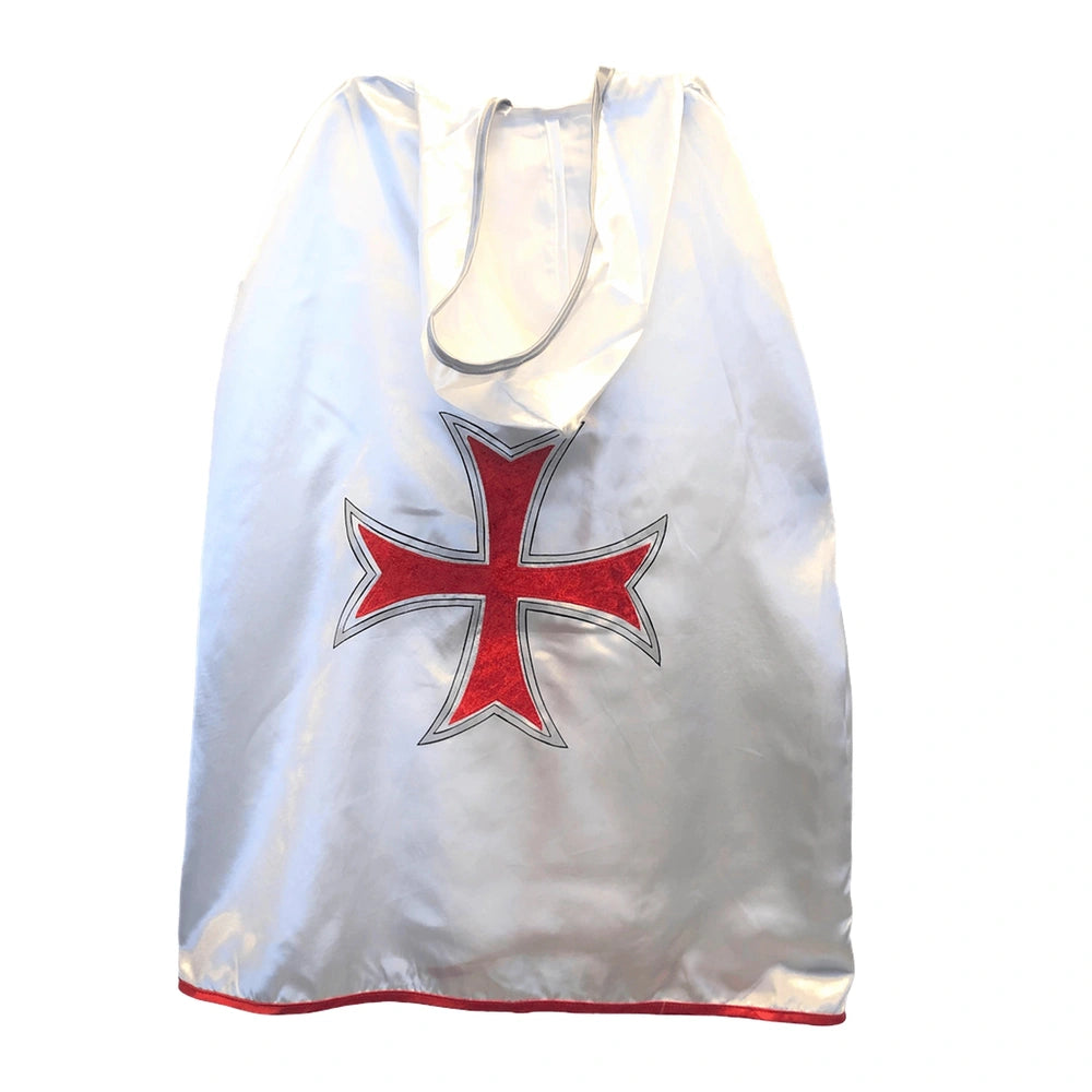 Liontouch Maltese Cape featuring a red cross on a smooth, metallic-looking fabric with a white background.