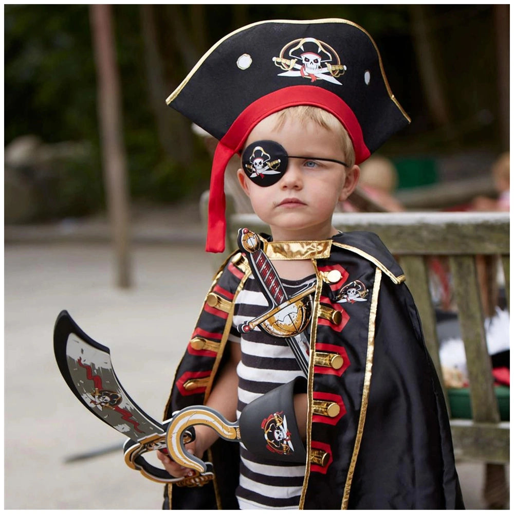 Liontouch pirate cape with gold trim worn by a child, featuring a pirate hat, sword, striped shirt, and eye patch.