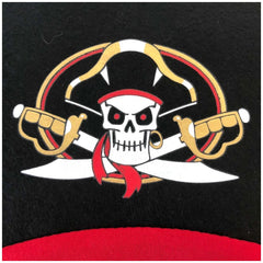 Pirate hat featuring a white skull with red eyes, holding a gold-handled sword, draped in red scarf and gold belt.