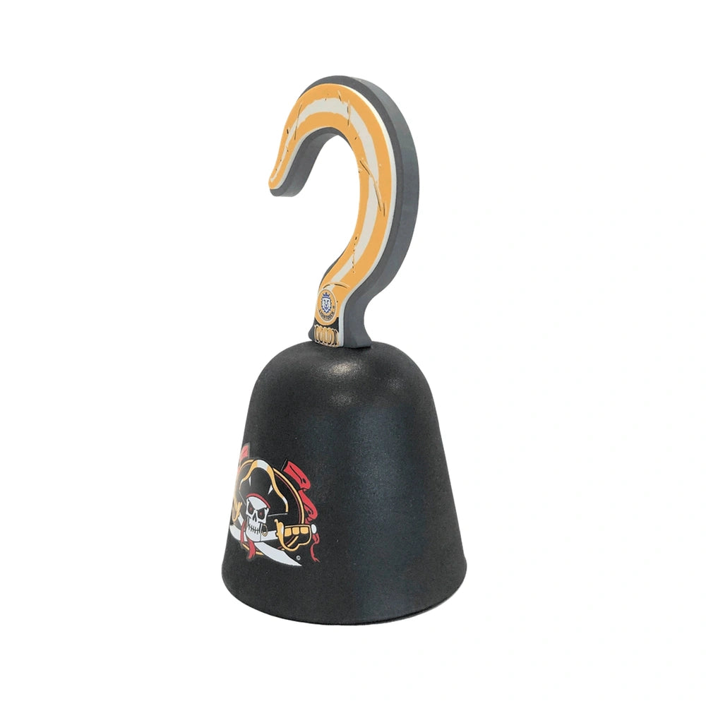 Liontouch Pirate Hook in glossy black with yellow and orange skull and crossbones design, featuring a bell shape and handle.